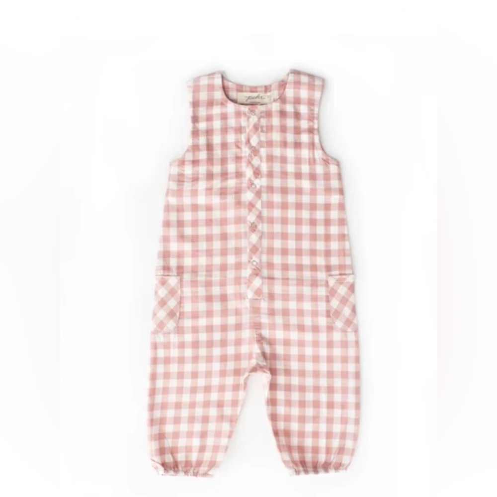 Pehr Checkmate Jumpsuit Romper Gingham Pink 3-6 Months $44 retail